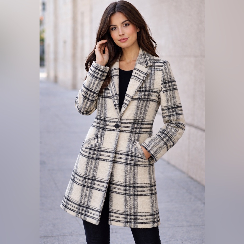 Rachel Zoe Black & Ivory Plaid Wool-Blend Topper Coat | XS